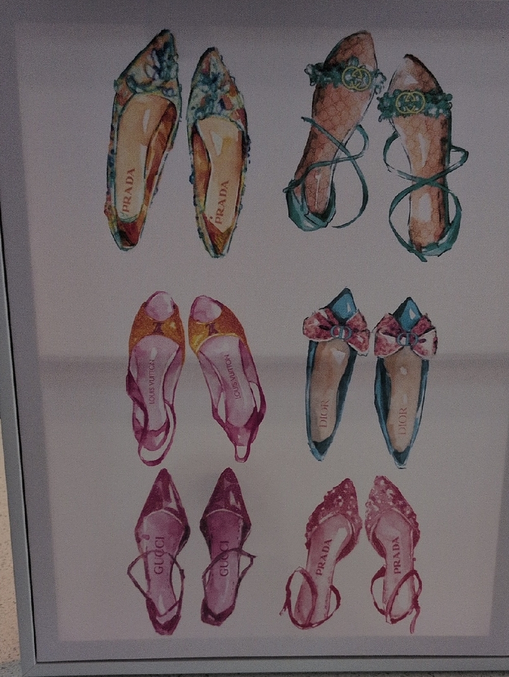 WALL ART Pink /Turquoise Pointed-Toe Flats DIor,Prada, Gucci Louis Vuitton 16x18